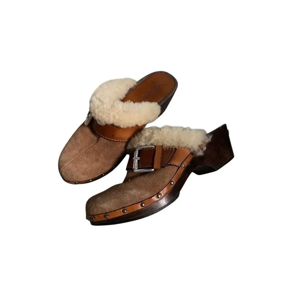 Michael Kors Brown Suede Leather Studded Wooden Heels Clog Mules Size 7 1/2 EUC